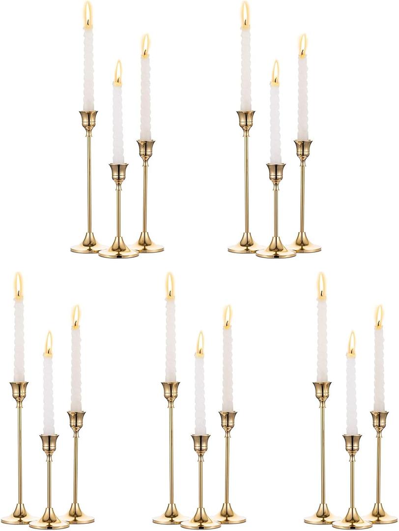 5 Sets(15 Pcs) Brass Gold Metal Taper Candle Holders Candlestick Holders, Vintage Modern Decorative Centerpiece Candlestick Holders for Table Mantel Wedding Housewarming Gift