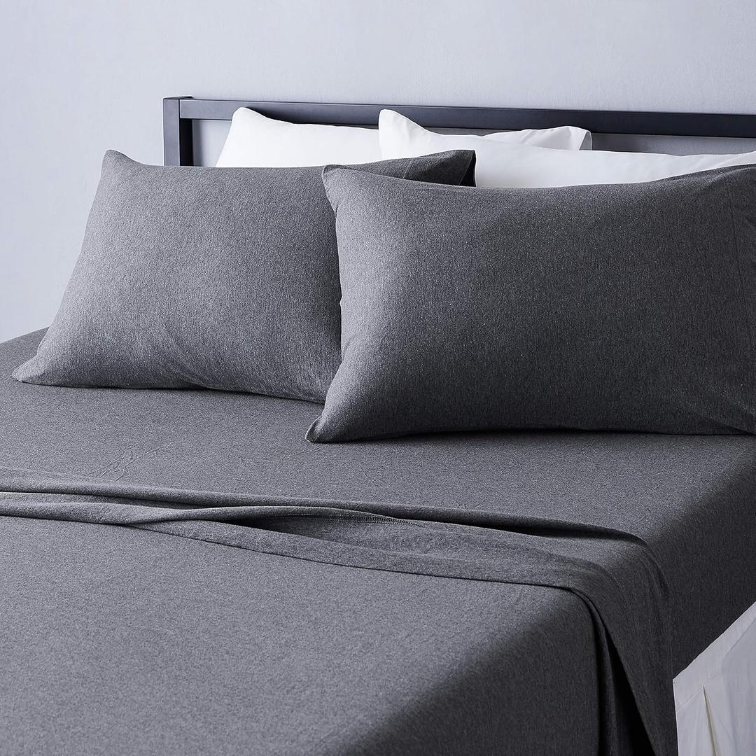 Amazon Basics 4 Piece Breathable 100% Cotton Jersey Bed Sheets Set, Machine Washable, Stretchy Flat and Fitted Sheets, Pillowcase, King, Dark Gray, Solid