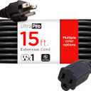 UltraPro Outdoor Extension Cord, 15 Ft, Heavy Duty Extension Cord, Double Insulated, Grounded, 16 Gauge, 3 Prong Extension Cords, General Purpose Long Extension Cord, UL Listed, Black, 36824
