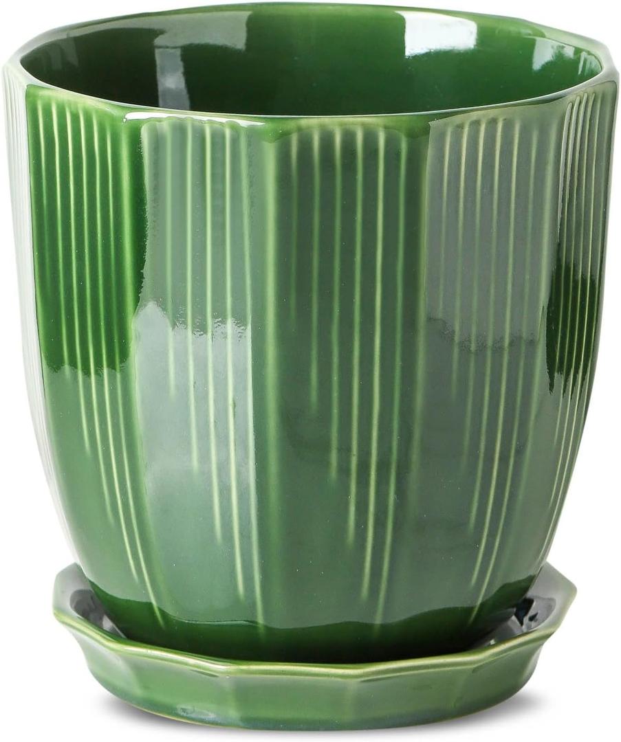ADN Ceramic Planter - Large Plant Pot Geometric Design Flower Pot with Drainage Hole and Saucer for Outdoor Indoor Plants (Green, 8 in)