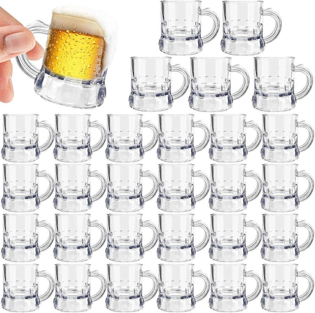 Irrmshr 30 Pcs Mini Plastic Beer Mugs, 1 oz Clear Plastic Shot Glasses with Handles, Reusable Beer Stein Tasting Glasses for Drinking, Festival, Party, BBQ