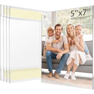 5x7 Acrylic Picture Frame, Pack of 5 Clear Frameless Photo Frames for Wall Mount, No Drilling Floating Hanging Picture Frames with Tape for Home, School, Office