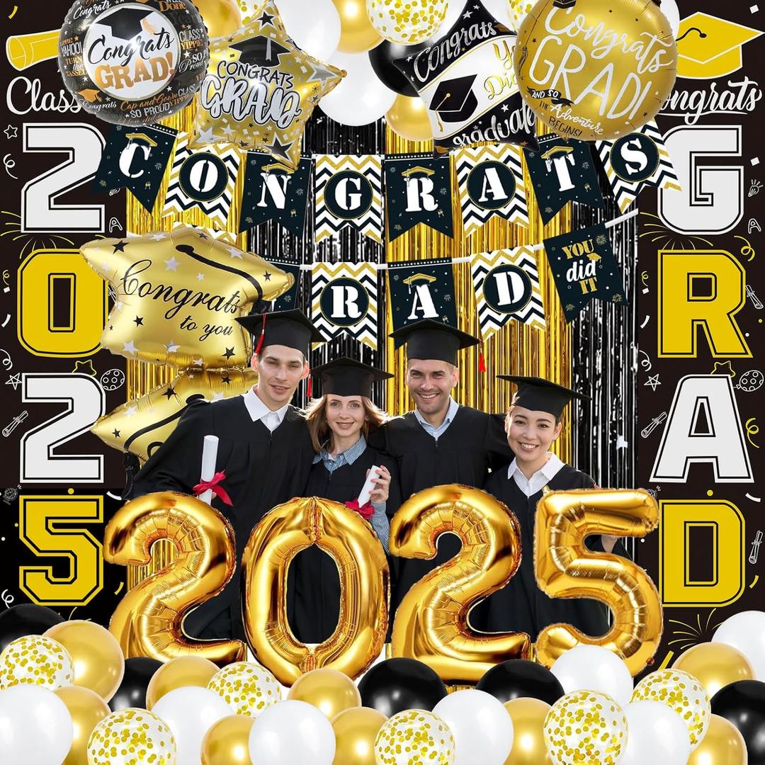 Graduation Decorations Class of 2025, 58 PCS Black and Gold Graduation Decorations with 2025 Balloons, Congrats Grad Banner, Door Banners,Foil Fringe Curtain