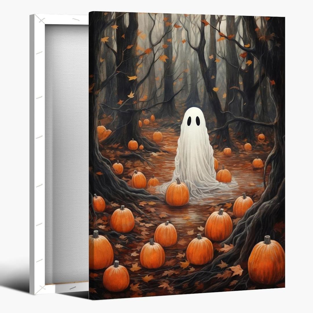 Vintage Halloween Wall Art Ghost in the woods with pumpkins Poster haunting ghost Canvas print dark academia gothic oil painting for Halloween Party House Room Decor 8x12inch Framed