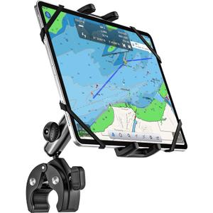Boat Helm Tablet Mount, Marine Rail Tablet Holder with Aluminum Arm, 360 Adjustable Sailboat Pole Rod Handle Bar Clamp Mount for iPad Pro 13 12.9 11 Air Mini, Galaxy Tab, iPhone, 4-13" Device