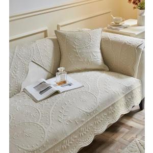 vctops Cotton Quilted Couch Cover Floral Leaves Embroidery Sofa Cover Non Slip Sofa Slipcover for Dogs Cats Kids Loveseat Recliner L Shaped Armrest Backrest (Beige,36"x36")