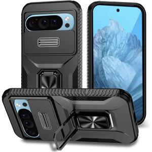 Magnetic for Google Pixel 9/9 Pro/10/10 Pro Case with Ring Stand, Rotatable Finger Holder with Slide Camera Cover, Works with Car Mount Kickstand Phone Case for Pixel 9/9 Pro/10/10 Pro Black