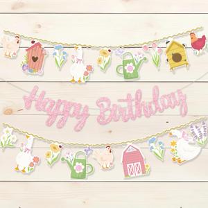 Pink Glitter Farm Themed Happy Birthday Banner Set - Goose Chicken Barn Garland One Silly Goose Birthday Decor Girl Tea Party Decorations for Spring Garden Farm Animal Birthday Party Supplies