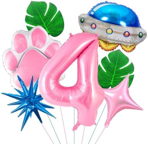 Wclliuchi Space Dog Birthday Decorations, Pink Number 4 Balloons, Paw Print And Space Ship Balloon for Aloha Party Decoration (Pink 4)