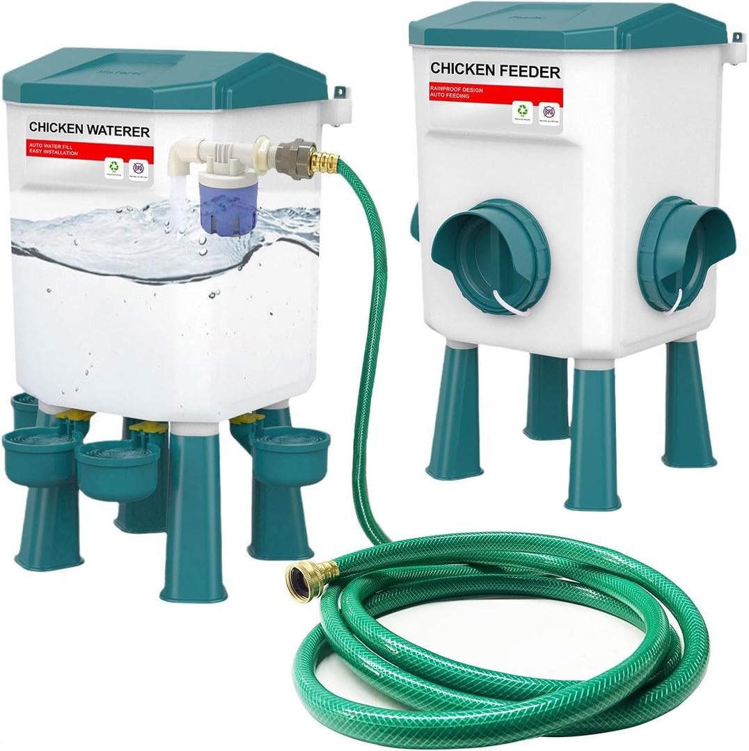 Float-Controlled Automatic Chicken Waterer & No Waste Feeder Kits - Chicken Coop Accessories, Poultry Waterer and Feeder, Two Buckets 3 Gallon/18-23 Pounds