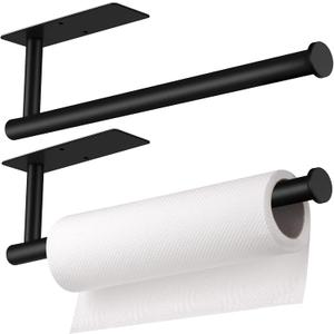 2-Pack Matte Black Paper Towel Holders - No Drill Adhesive Under Cabinet Set, Rust-Resistant for Kitchen & RV