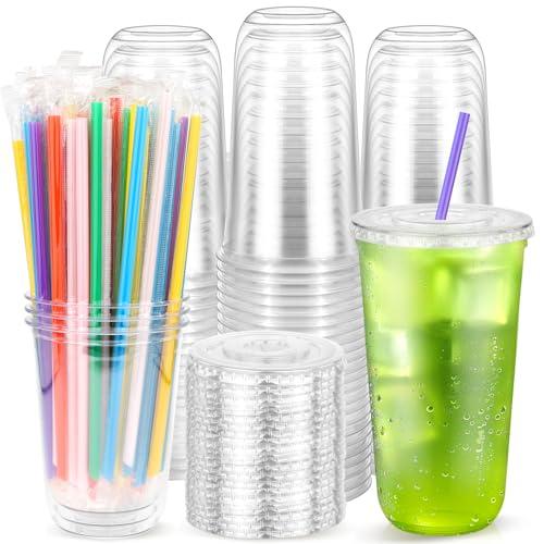 Etersky 100PCS 20 oz Clear Plastic Cups with Lids and Colorful Straws, Round Bottom Disposable To Go Coffee Smoothie Juice Bubble Tea Cups, PET Party Cups for Holiday, Birthdays, Picnics, Christmas