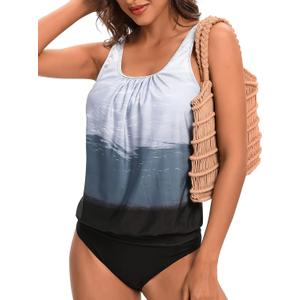 BIKINX Tankini Swimsuits for Women Plus Size Swimwear Tummy Control Two Piece Bathing Suits (10-12, Gray and Black)