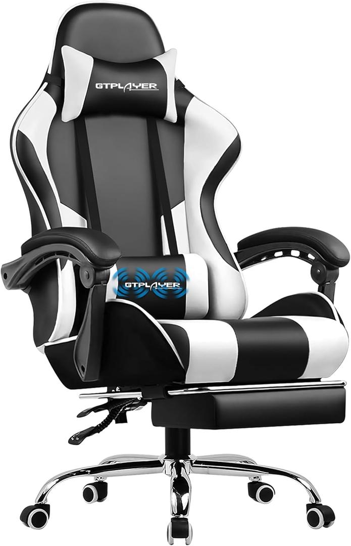 GTPLAYER Gaming Chair, Computer Chair with Footrest and Lumbar Support, Height Adjustable Game Chair with 360-Swivel Seat and Headrest and for Office or Gaming (Snow White)