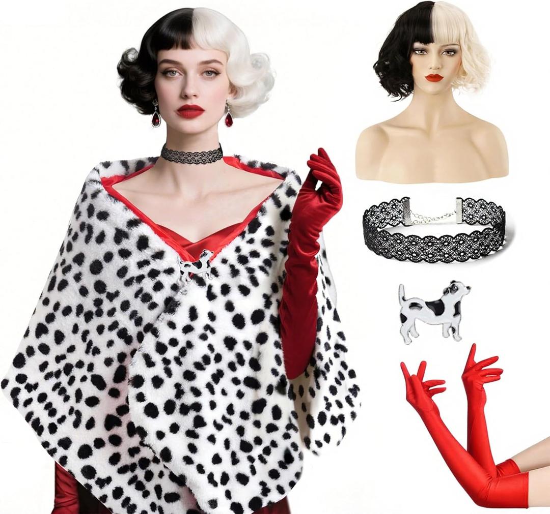 Cosrea Women Halloween Costume Black and White Spotted Dog Shawl Faux Stole for Adult (White)