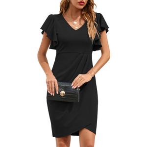 IHOT Women's V Neck Ruffle Sleeve Bodycon Sheath Wrap Ruched Casual Cocktail Party Work Dresses (Black, XXL)