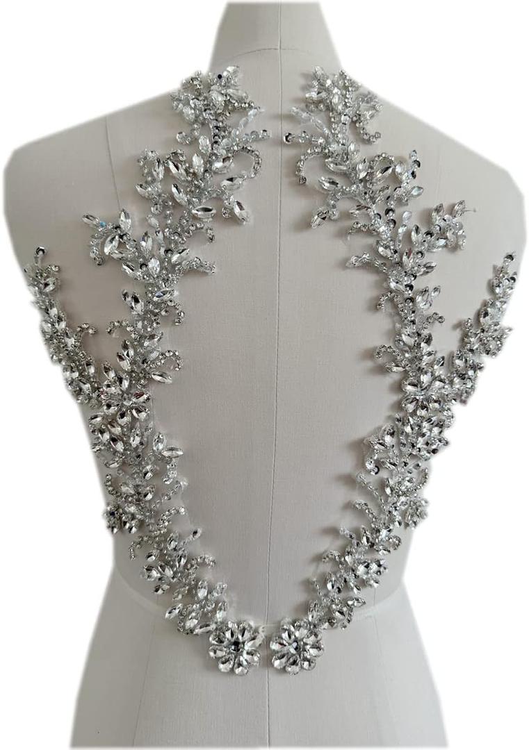 Handmade Rhinestones lace Trim Patches handsewing Beads Applique for Dress DIY Accessories (Silver)