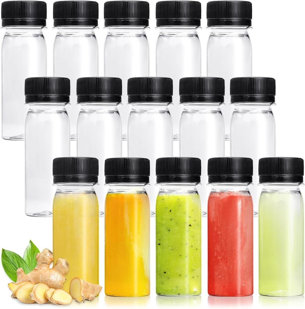30 Pcs 2 Oz Small Plastic Bottles for Liquids, Ginger Shot Bottle with Lids, Reusable Bulk Beverage Containers for Juice, Liquor, Potion, Wellness, DIY, Wedding, Party, Travel (Black Cap)
