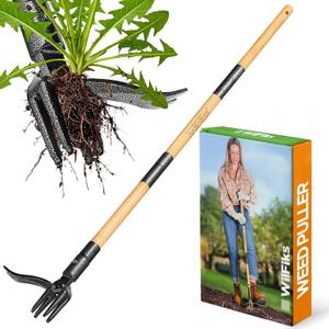 Weed Puller Tool, Stand Up Heavy Duty Weed Remover Tool with Long Handle, Foot Platform Design - 4 Claw Steel Head Weeder Tool, Bamboo Garden Hand Weeding Tool, Smoothly Remove Weeds Without Kneeling (Large)