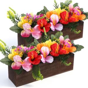 2PCS Artificial Hibiscus Flowers Table Centerpieces in Wooden Box, 11 inch Summer Beach Wood Box with Realistic Hibiscus Fake Floral Decoration for Hawaiian Luau Beach Party Dining Table