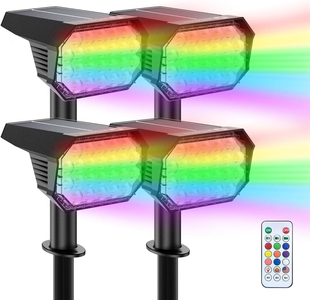 Brightown Solar Color Changing Lights Waterproof, Multicolor RGB Solar Spot Lights Outdoor with Remote Control, 3 Modes Solar Powered Outdoor Lights for Yard Porch Pathway Garden, 4 Pack