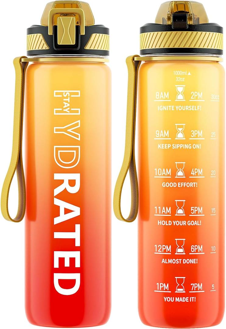 Water Bottle with Straw, 32oz Motivational Water Bottles with Time Marker to Drink, Tritan BPA Free, 1L Sports Water Bottle with Carry Strap LeakProof for Women Gym Fitness Outdoor (1 Pack) (Yellow Red)