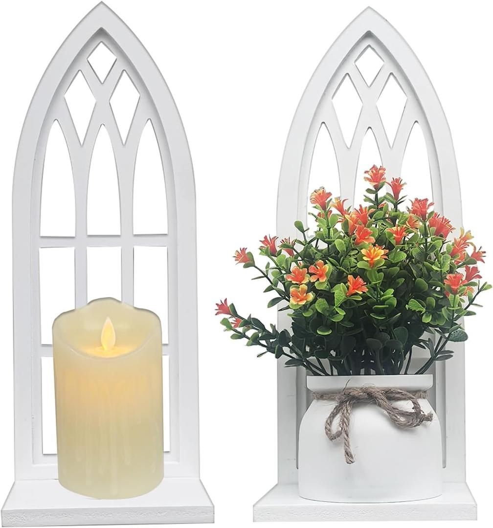 Wall Candle Sconces for Pillar - White Candle Holder for Wall Set of 2 - Farmhouse Wood Carved Shelf for Plant - Rustic Window Shape Decor for Bathroom Hallway Fireplace