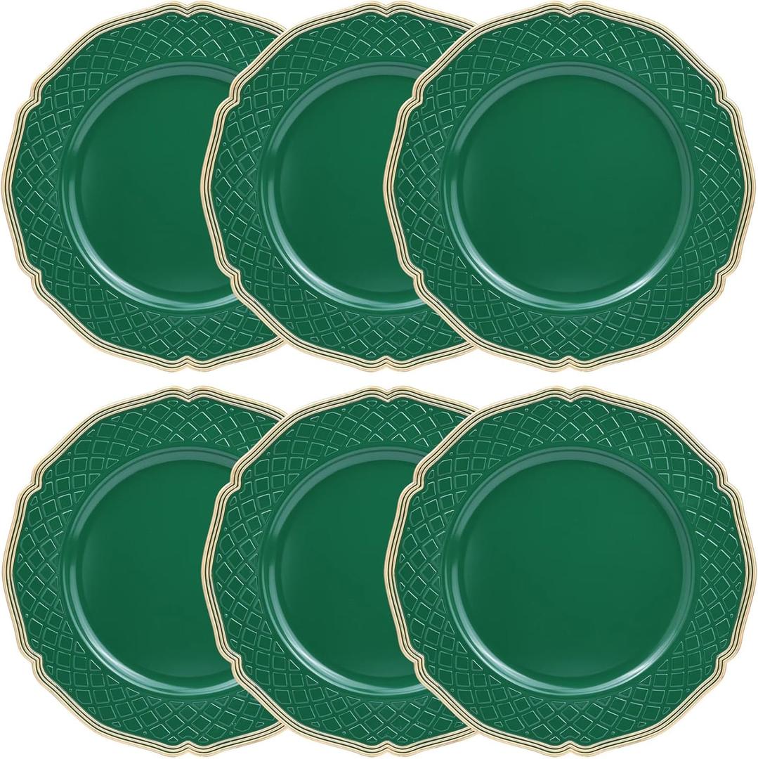 Green Scallop Charger Plates, Set of 6 Plastic Wedding Bulk Plate Charges for Dinner Plates, Table Decoration, Holiday, Thanksgiving, Christmas.