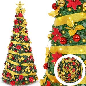 Waipfaru 6Ft Prelit Pop Up Christmas Tree Decorations, Pre Decorated Artificial Christmas Tree with 200 Lights, Collapsible Indoor Xmas Tree for Apartment, Holiday Party Decorations (Green)