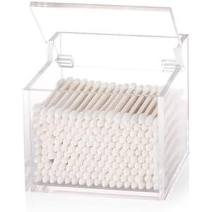Tbestmax Qtip Holder with Lid, 4mm Thickness Cotton Ball Swab Organizer Acrylic Square Bathroom Containers Makeup Pad Cosmetic Storage - Clear