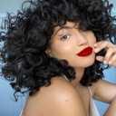 Black Curly Wigs With Bangs - Synthetic Afro Curly Wigs, Bouncy Fluffy Hair, Glueless, Daily & Cosplay (14 Inch)