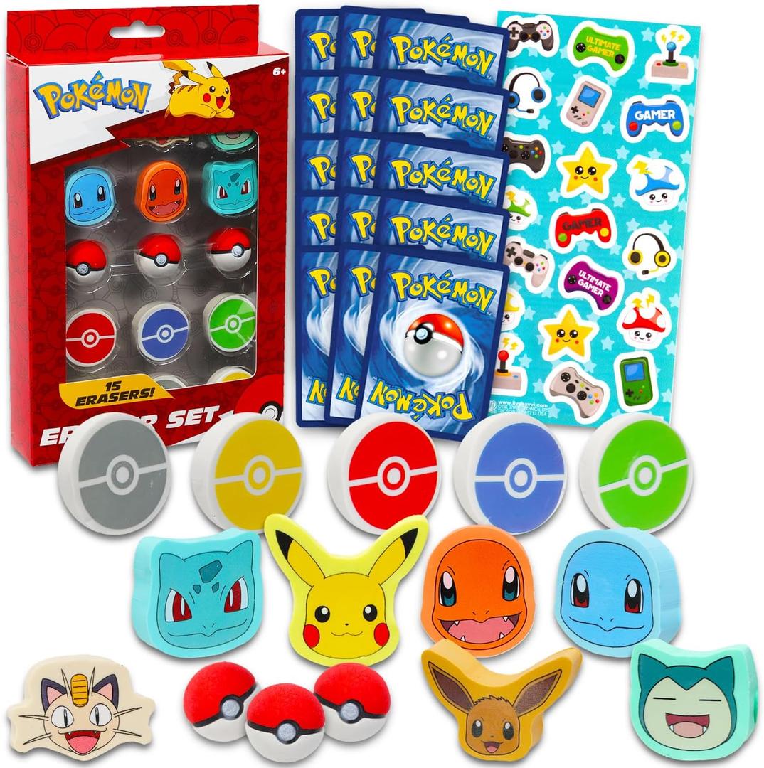 Pokemon Party Favor Set - Bundle with 15 Erasers Featuring Pokeball, Charmander, Bulbasaur, More Plus Trading Cards | Pokemon Party Supplies Kit for Kids, Boys, Girls