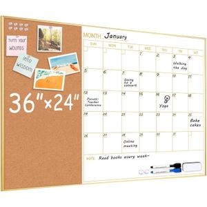 ARCOBIS Whiteboard Calendar with Cork Board, 36"x24" Magnetic White Board Calendar Dry Erase for Wall, Gold Frame Monthly Combination Board for Office, Home, School