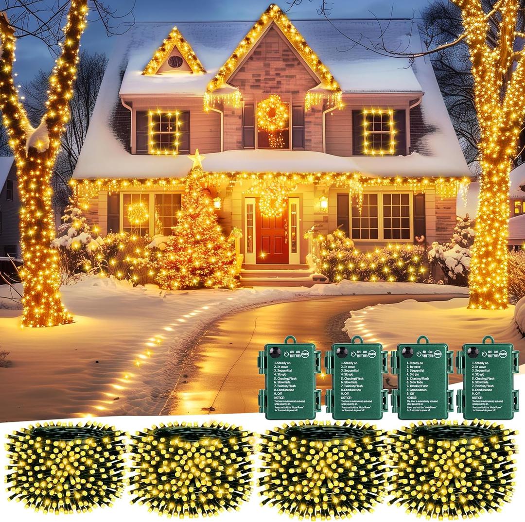 Brightown Christmas Lights Battery Operated, 4 Pack Total 66 FT 200 LED Battery Powered Fairy Lights with Timer,8 Mode, Waterproof Christmas String Lights for Outdoor Indoor Bedroom Outside,Warm White