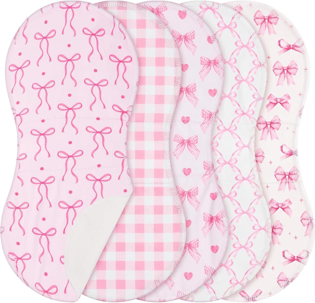 SmoothNovelty 5 Pack Pink Bow Baby Burp Cloths Soft Absorbent Burping Rags for Newborns 19"x9" Spit up Cloths for Boy Girl Newborn Baby Shower Registry Gifts Set Nursery Decor