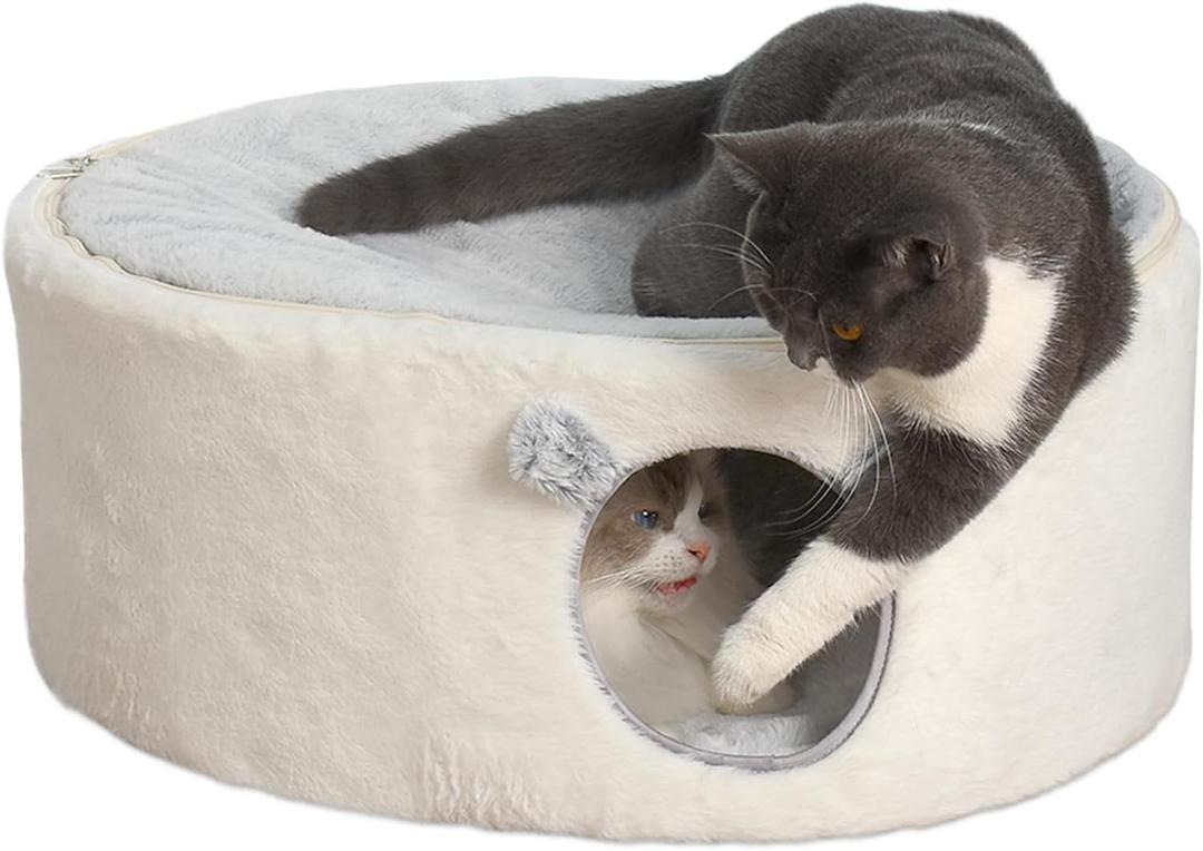 Sunhoo Elevated Cat Beds for Indoor Cats Enclosed House Hideaway Raised Kitty Hammock Large with Washable Cover Kitten Cave Pet Hut Puppy Condo Cubby Plush Cushion Easy Assembly 23.6 * 17.7 * 10.6in