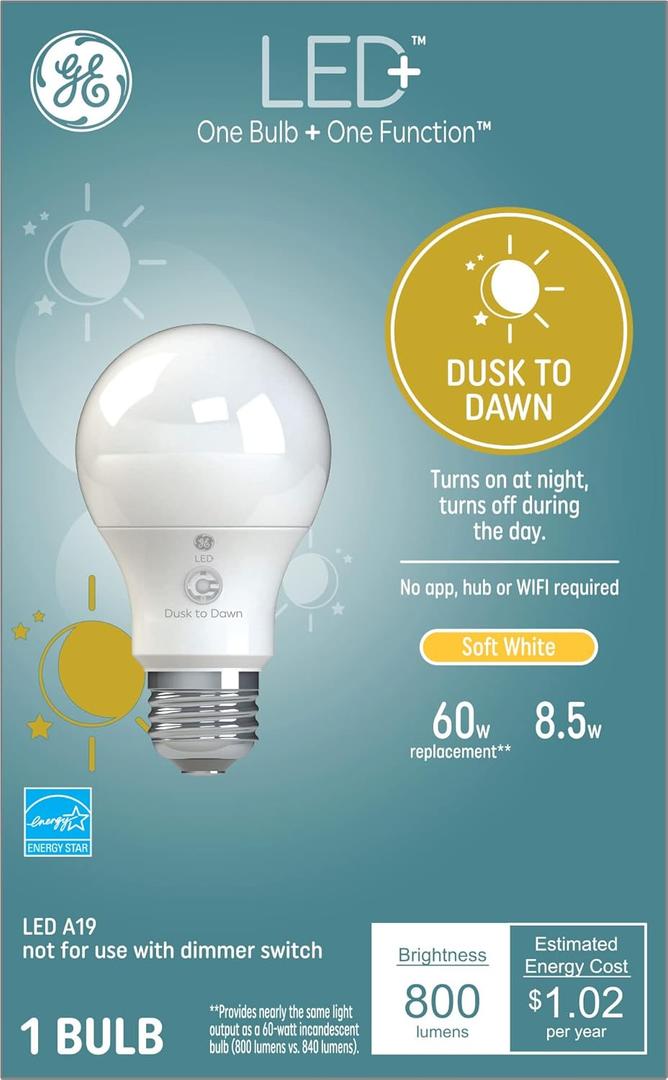 GE Lighting LED+ Dusk to Dawn Outdoor Light Bulb, Sunlight Sensor, Soft White, Automatic On/Off Light Sensing Bulb A19 Light Bulb (1 Pack)