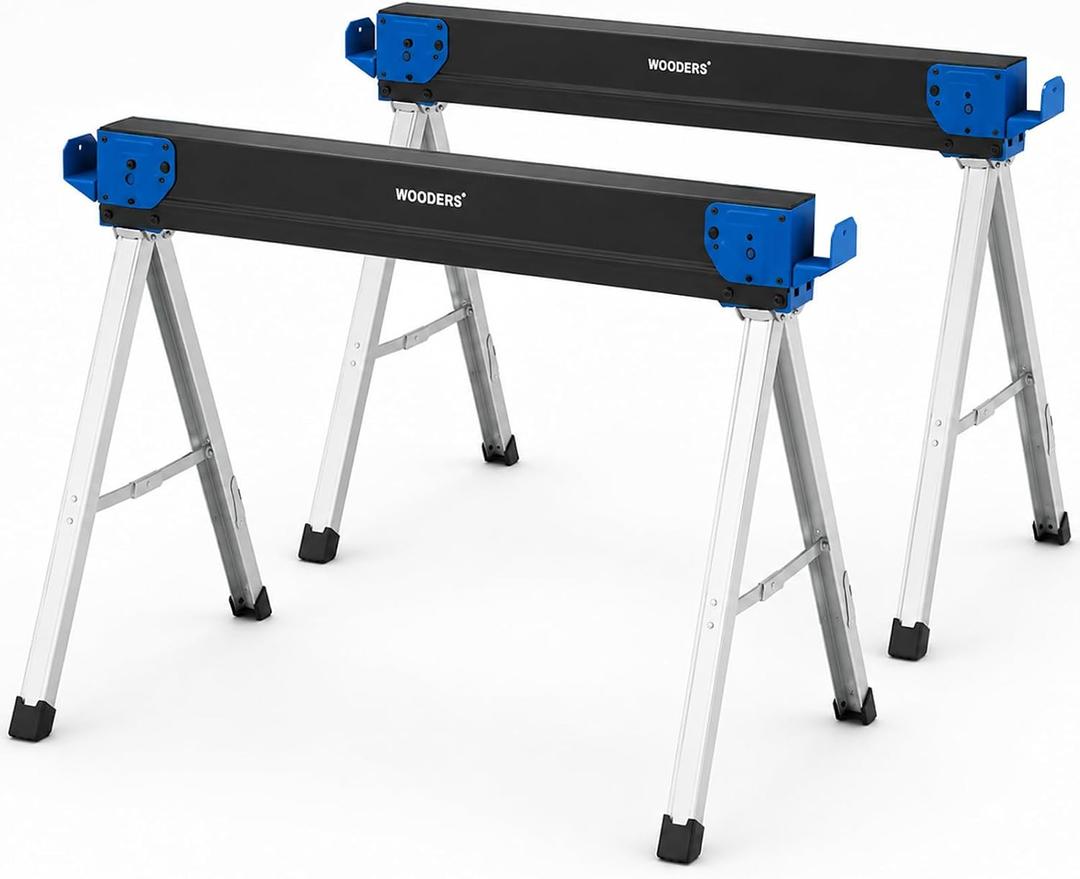Folding Sawhorses 2 Pack - 2200 lb Capacity Heavy Duty Metal Saw Horse Pair with 2x4 Support Arms, Portable Jobsite Workbench Stand for Woodworking & Carpentry Stand