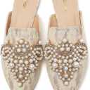 Tilocow Pearl Decor Mules for Women Flats Pointed Toe Backless Flat Slip On Slides Women's Mule Shoes (7, Beige Lace)