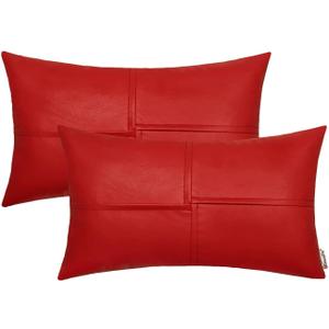 BRAWARM Faux Leather Throw Pillow Covers 12 X 20 Inches, Christmas Red Leather Lumbar Pillow Covers Pack of 2, Hand Stitched Leather Decorative Throw Pillows for Couch Sofa Bed Living Room Home Garden