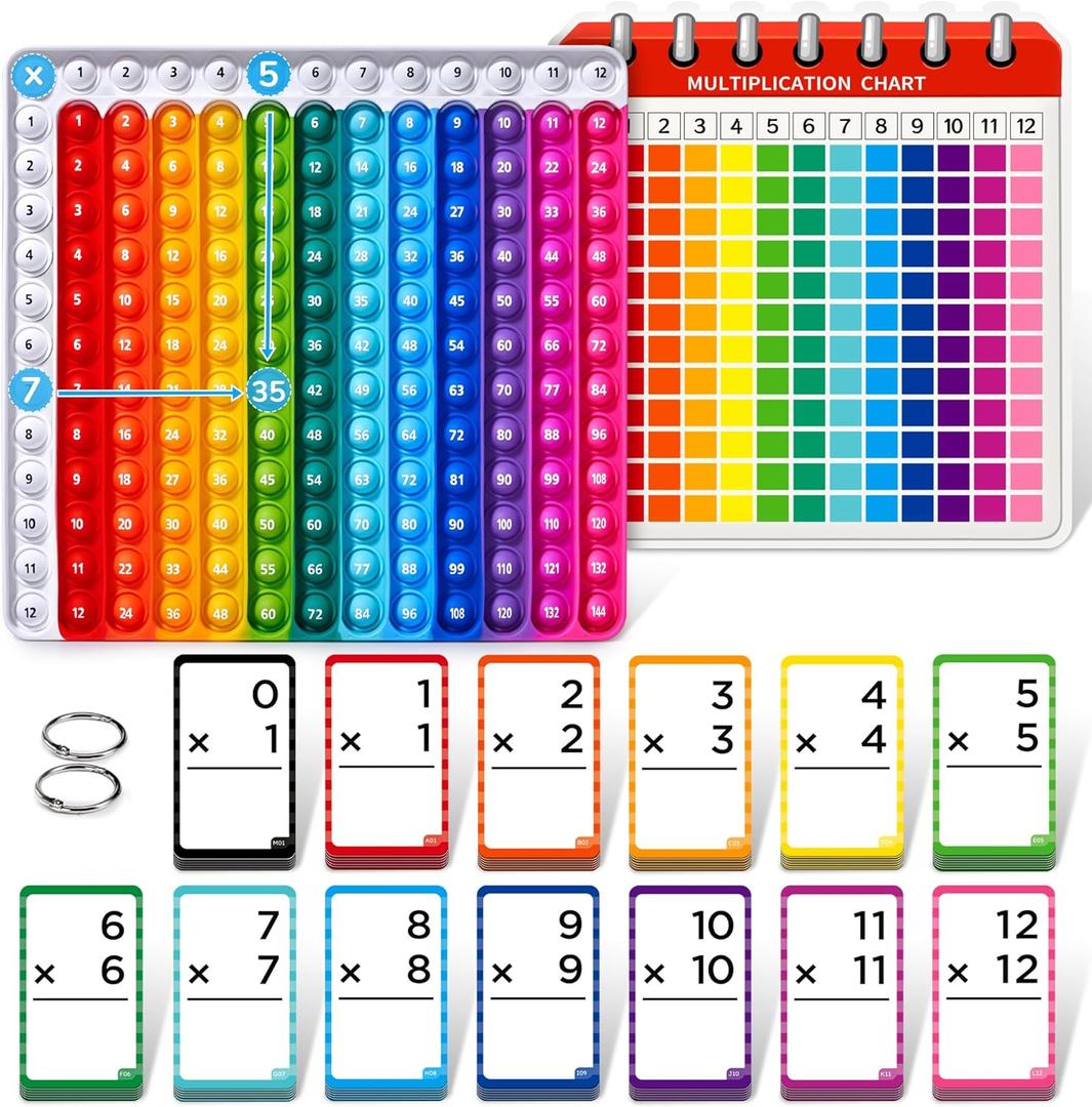 JoyCat Multiplication Flash Cards + Pop Fidget Chart- 156 Hole Punched Math Game Flashcards for Kids Ages 8 and Up, Times Table Manipulatives for Preschoolers 3rd,4th,5th,6th Grade