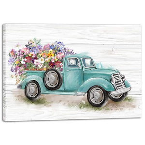 LAIART Old Truck with Flowers Farmhouse Rustic Style Decor Canvas Print Wall Art Bathroom Picture (16"L x 24"W)
