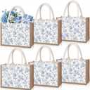 6 Pcs Floral Burlap Tote Gift Bags with Handle Reusable Bridesmaid Jute Waterproof Grocery Bags for Wedding Party(Something Blue)