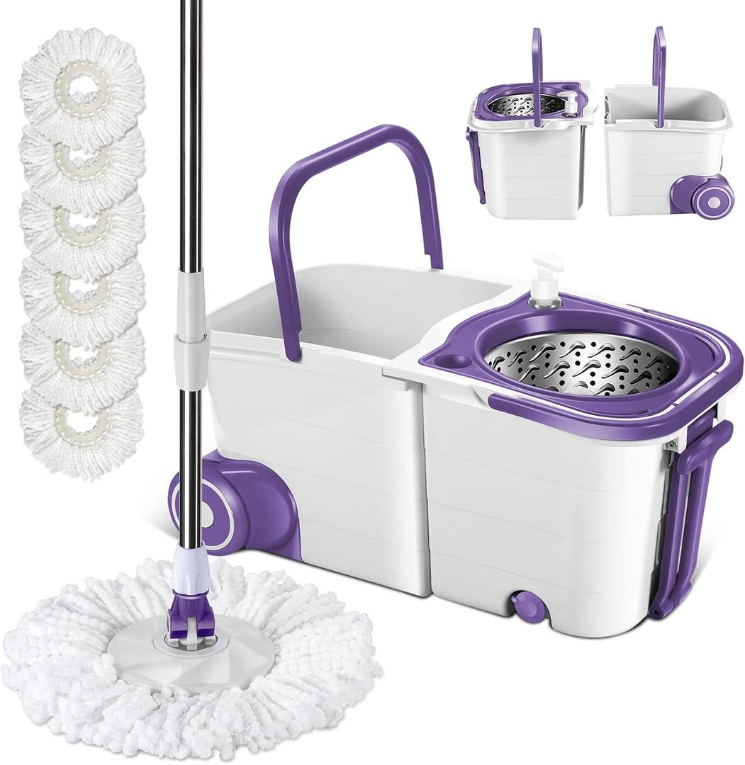 Midyb Spin Mop and Bucket Set, Mop and Bucket on Wheels, 360 Spinning Mop and Bucket with 6 Microfiber Pads, Separable Buckets, Spinner Mop Bucket Set for Hardwood, Tile, Laminate Floor Cleaning