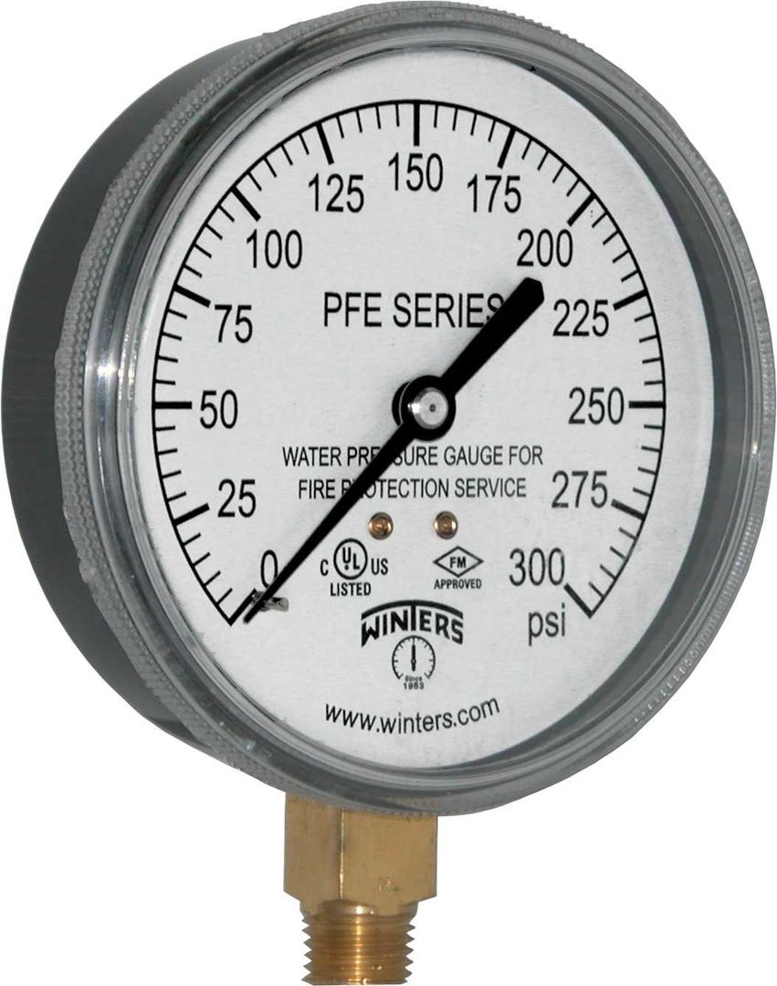 Winters PFE Series Single Scale Sprinkler Pressure Gauge, 3-1/2" Dial, 0-300 psi Range, +/-3-2-3% Accuracy, 1/4" Male NPT Bottom Connection, For Water Media