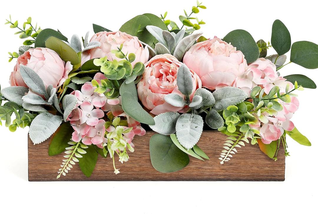 Flower Table Centerpieces for Wedding Pre-Made Artificial Peony Hydrangea Dining Table Decorations Wood Tray with Fake Flowers for Living Room Office Bar Kitchen Table(Pink)