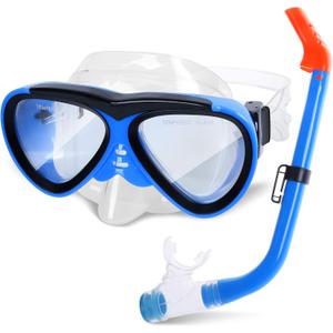GreenLF Kids Snorkel Set, Anti-Fog Snorkeling Mask with Nose Covers for Youth Junior Child, Boys & Girls Age 5-12, Semi-Dry Diving Scuba Swimming Goggles Gear Packages