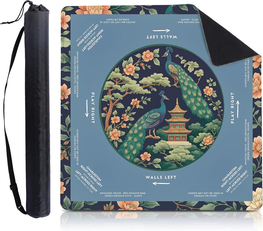 Foilswirl 1 Pcs Mahjong Table Mat Floral Peacock, 33" x 33" Green Chinoiserie Peacock Mahjong Mat Non-Slip Noise Reduction Carrying Bag for Poker Board Card Games Dominoes, Ships Rolled(Vintage)