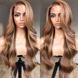 BrownBomb Honey Blonde Lace Front Body Wave Synthetic Pre Plucked Glueless Wig for Women, 4/27 Highlight Ombre Honey Blonde 13x5x1 Side Part 24inch Bombshell Wig