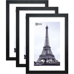 VCK 24x36 Poster Frame Solid Wood Black 3 Pack Picture Frames 24 x 36 Inches with Wall Mounting Hanging